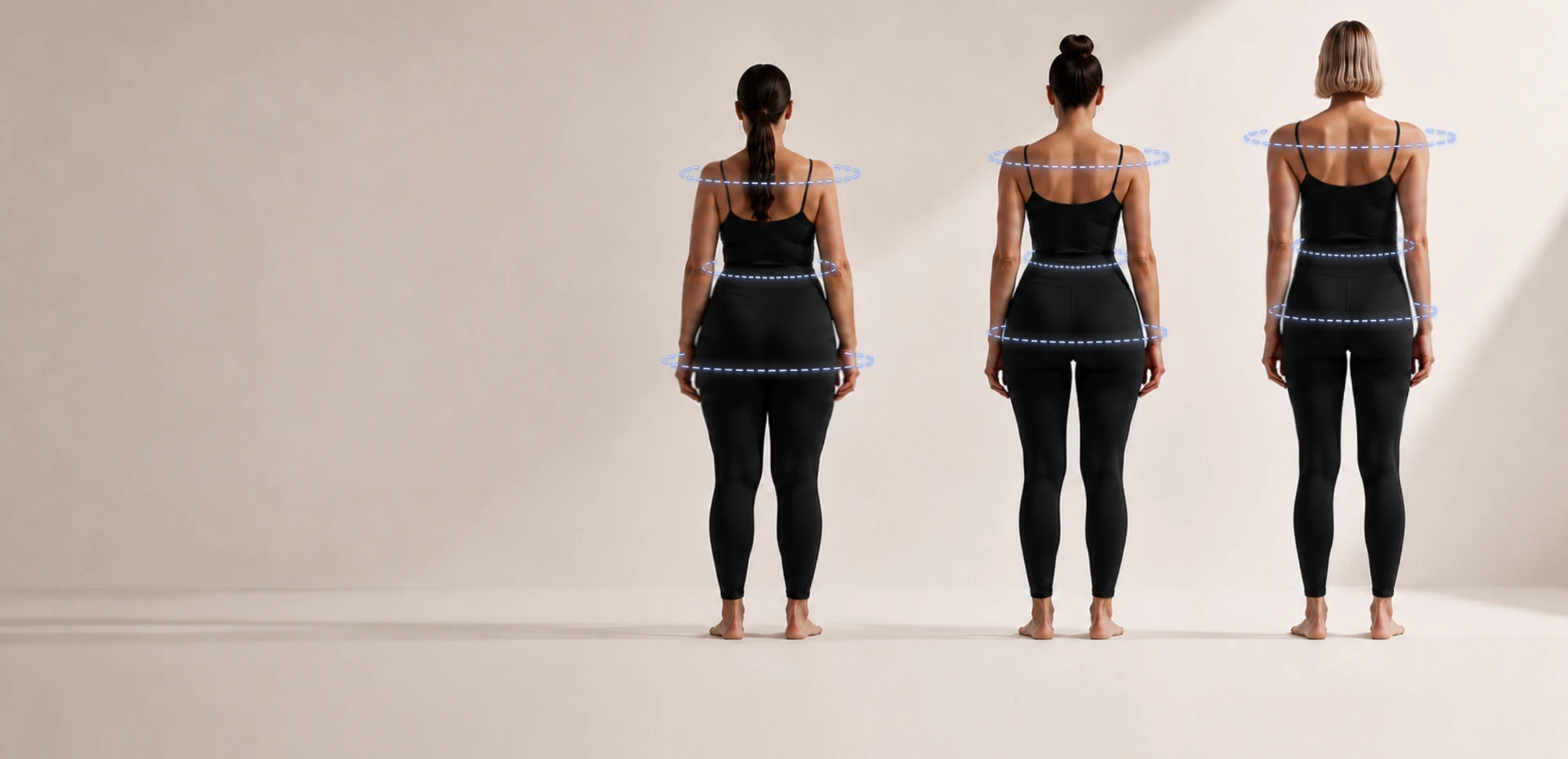 Three women with different body shapes wearing the same size black outfit, shown from behind with measurement overlays