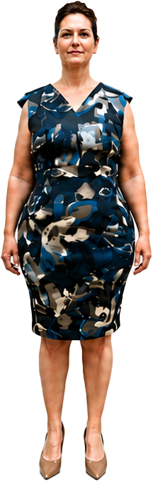 Woman wearing a blue and tan camouflage-print sheath dress