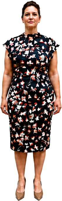Woman wearing a black dress with a coral and white abstract floral print